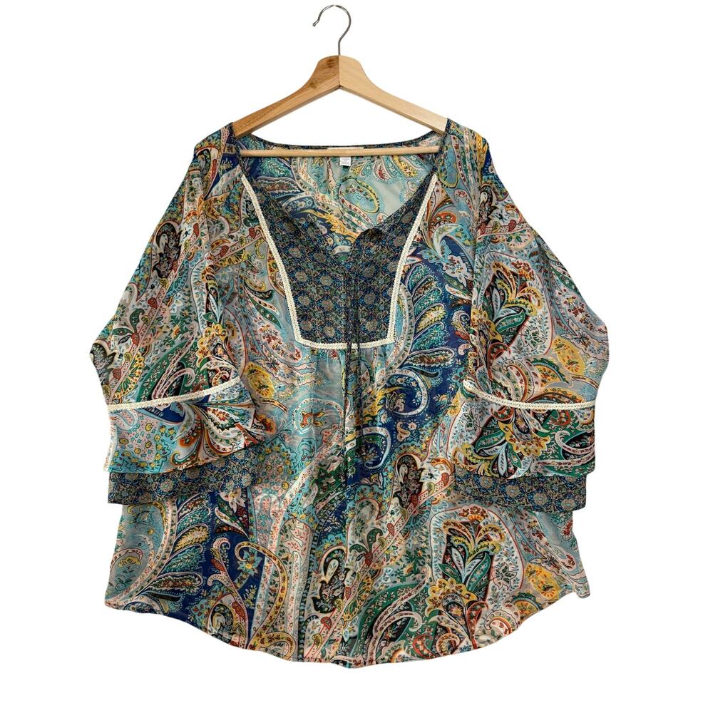 Westport 162‎ Boho Top Plus 2X Sheer Paisley Crochet Fairy Whimsy Flounce Sleeve